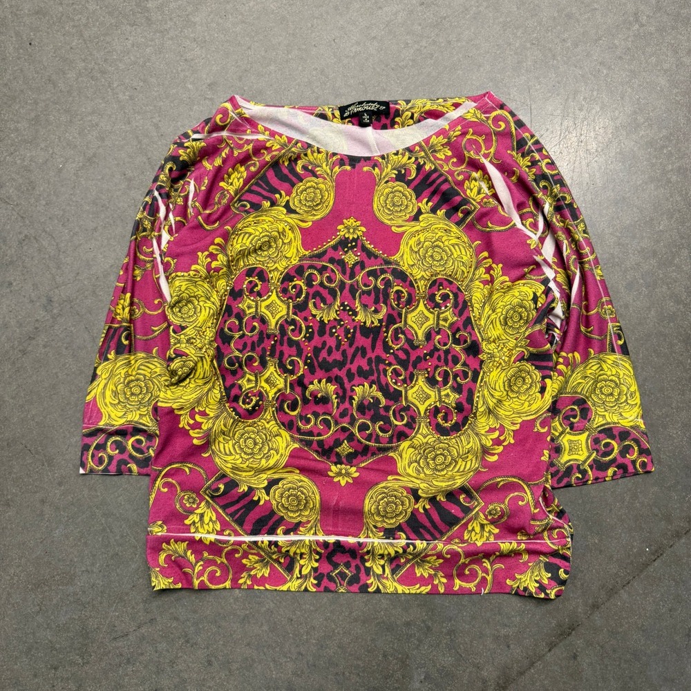 Absolutely Famous Baroque Leopard Print Rhinestone Top Magenta Yellow Large